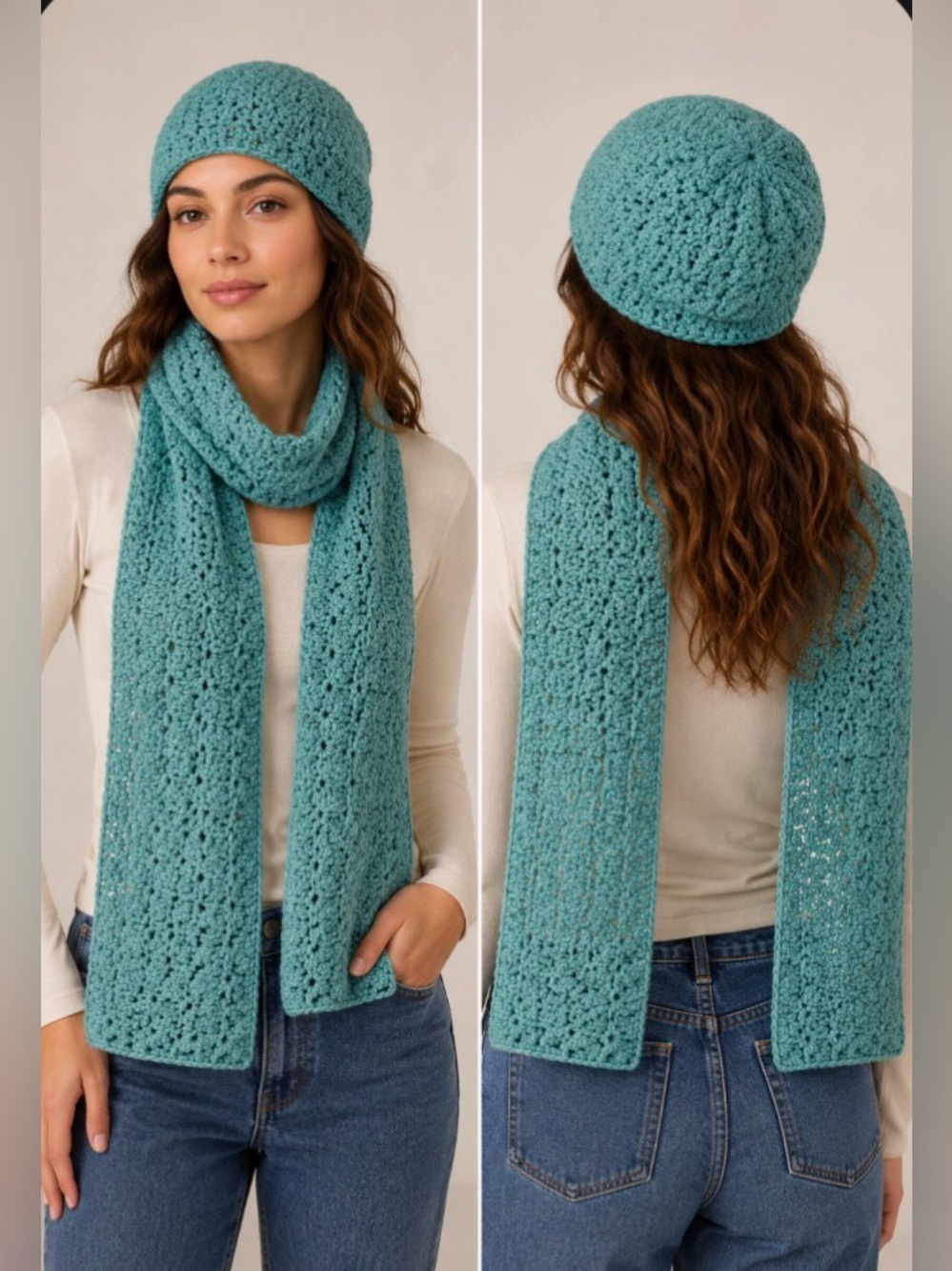 Handcrafted Teal Crochet Beanie and Scarf Set - Women Accessories